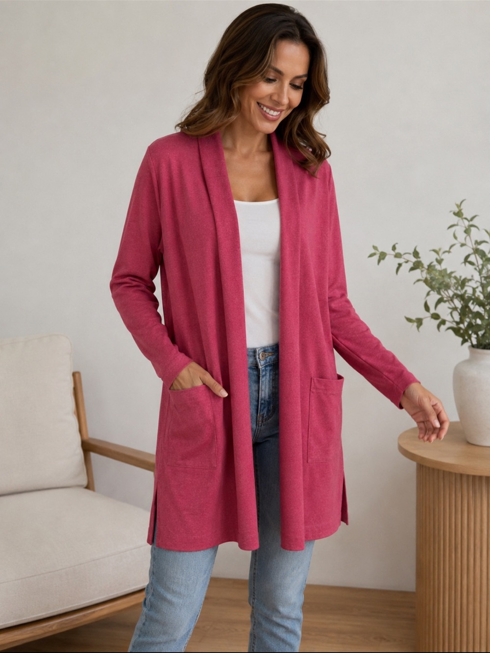 Susan Graver Weekend Cardigan Open-Front Long Tunic Pockets Relaxed Rose Large